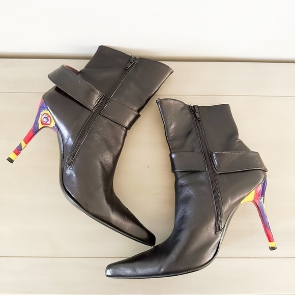 Paloma Barcelo Black Leather Colorful Heel Ankle Buckle Contemporary Boots 39 - Picture 7 of 11